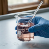 mano becker con acqua rossastra. In laboratorio